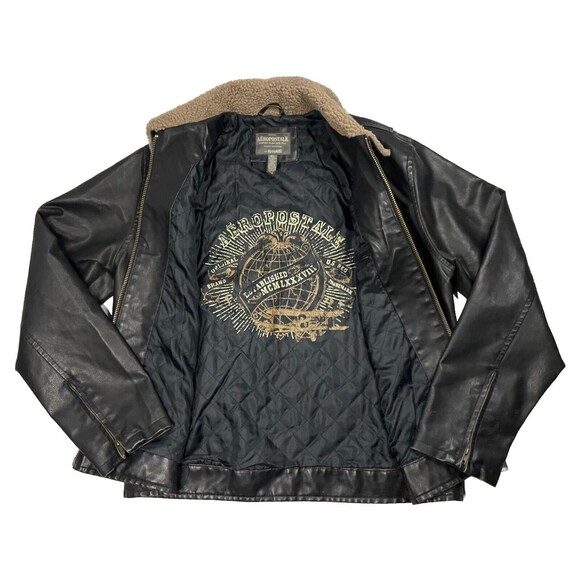 Aeropostale Bomber Jacket Mens XL Vintage Faux Leather Heavy Sherpa Collar Black